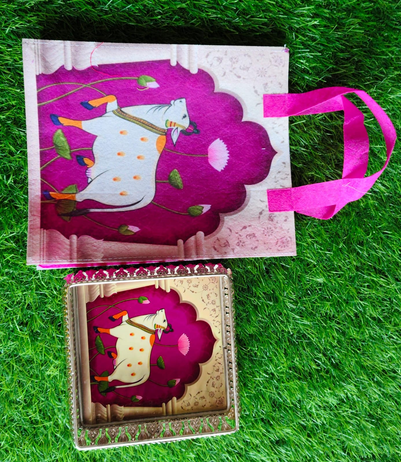 Title: White Metal Pichwai Tray with Matching Felt Bag (Assorted Colors)