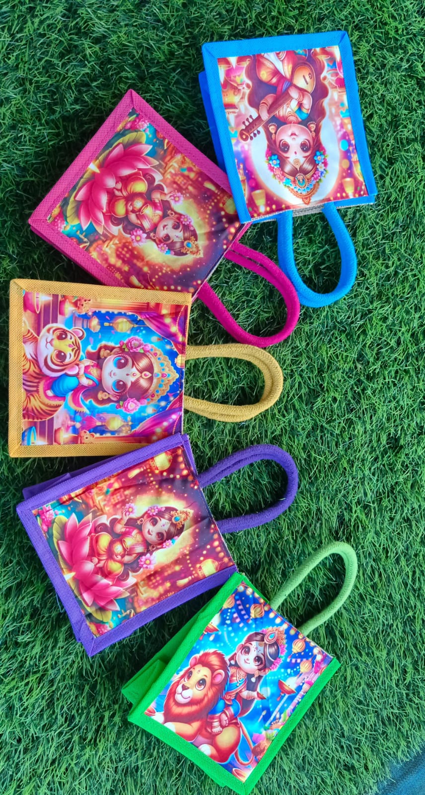 Mini Jute Bags with Goddess Prints – 6" × 6" (Assorted Colors and Designs)
