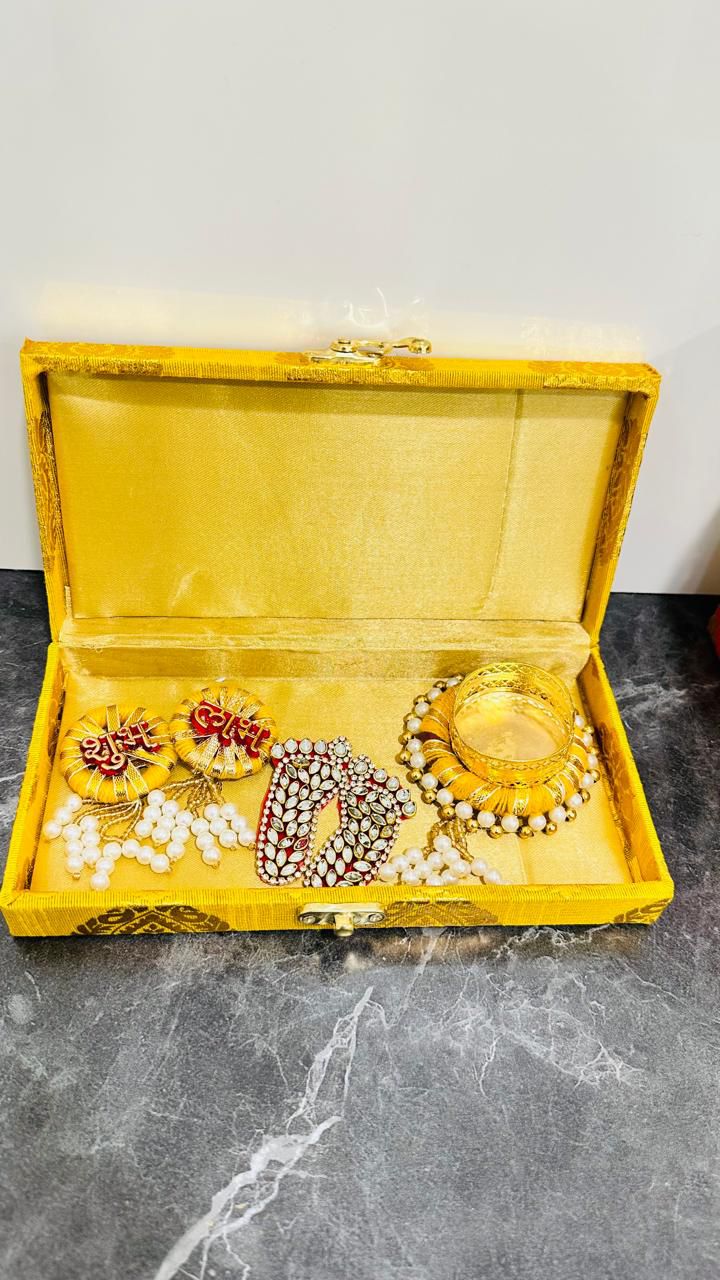 Silk Brocade Gift Box with Shubh Labh, Lakshmi Charan & Tealight Diya (In Assorted Colors)