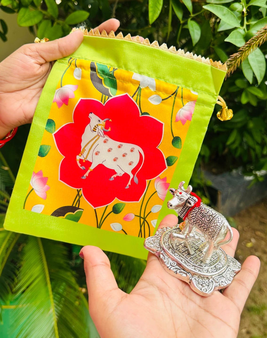 Silk Digital Pichwai Potli (Assorted Colors) + Antique White Metal Comatha Combo