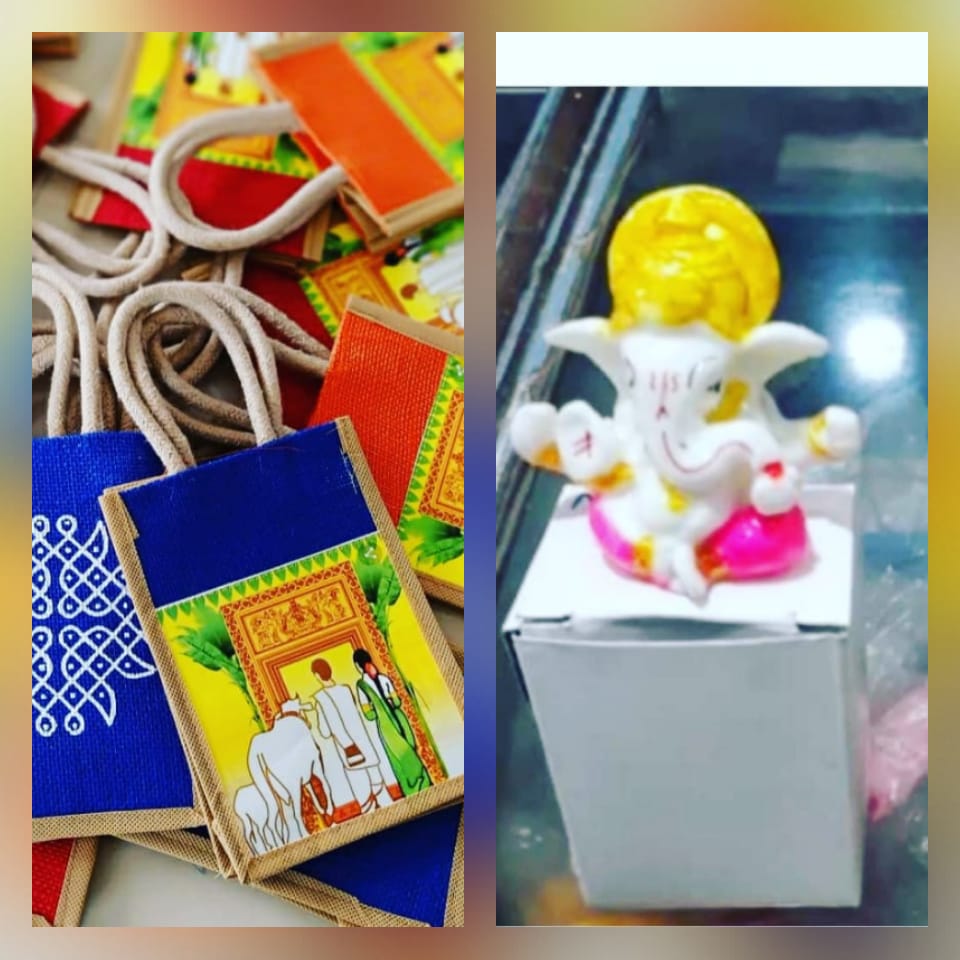 Housewarming Combo – Jute Bag (8 × 8 × 4") + 2.5" Ganesh Ji Idol with Box