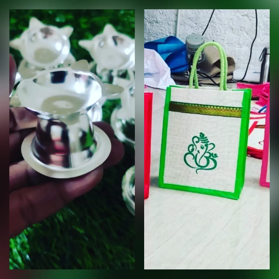 Ganesh Ji Jute Bag with Zari Border + Mini German Silver Diya Combo