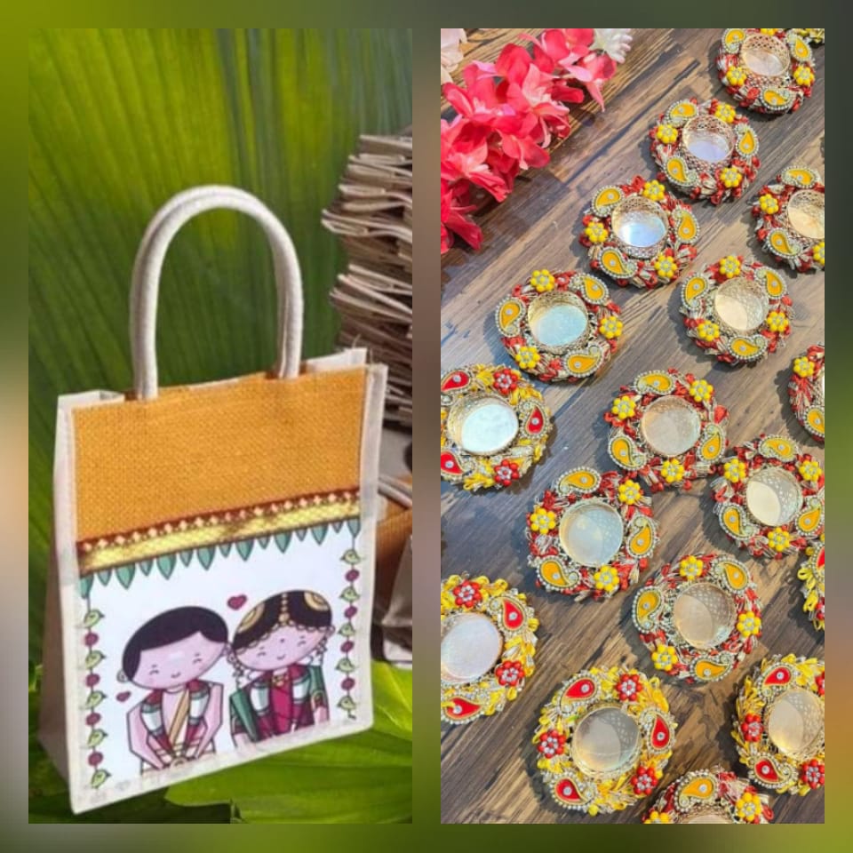 Indian Wedding Combo – Jute Bag (8 × 8 × 4") + 3" Kundan Tealight Diya