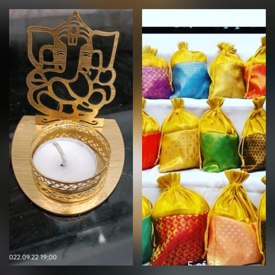 Budget Combo – Silk Potli (8 × 10") + 4" Shadow Ganesh Ji Diya