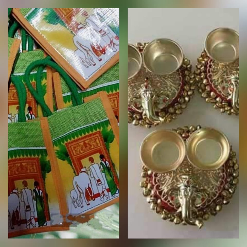 Housewarming Combo – Jute Bag (8 × 8 × 4") + Ganesh Ji Haldi Kumkum Platter (3")