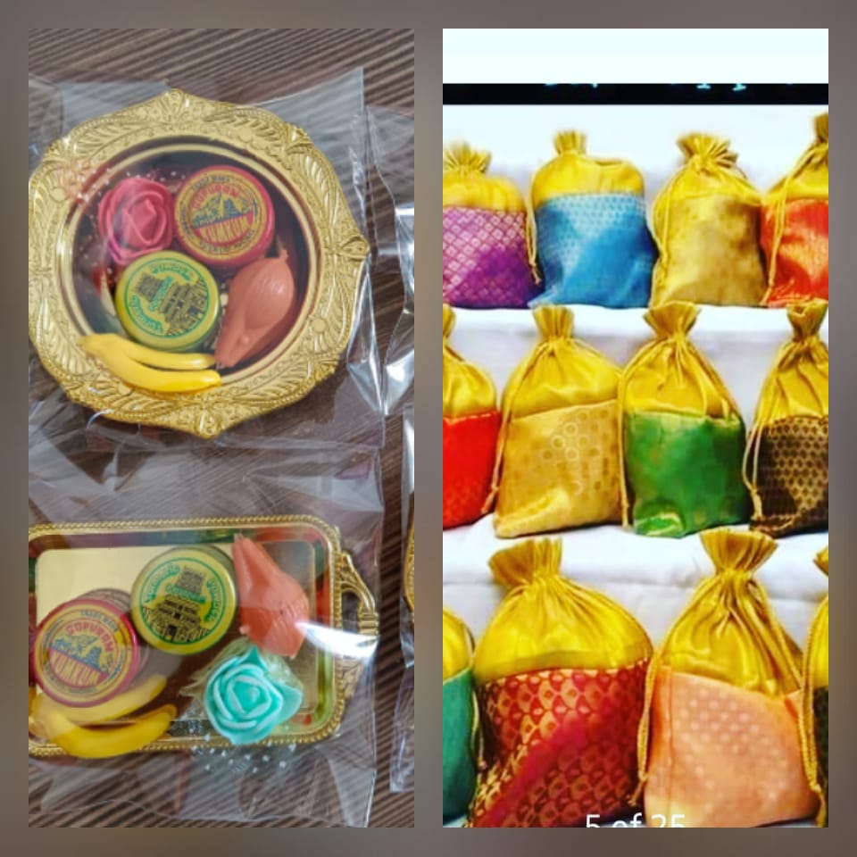 Silk Potli (8" × 10") + Fiber Haldi Kumkum Plate (4") Combo