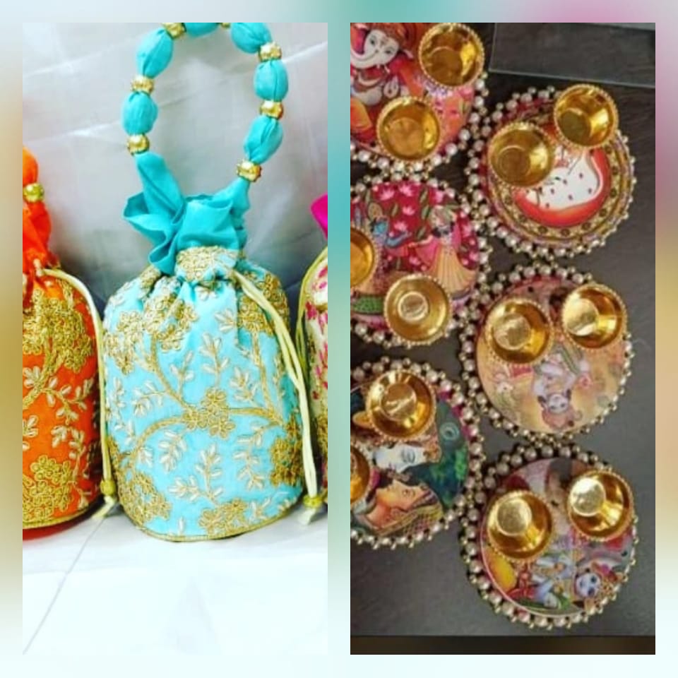 Embroidered Potli (8") + Haldi Kumkum Platter (3") Combo