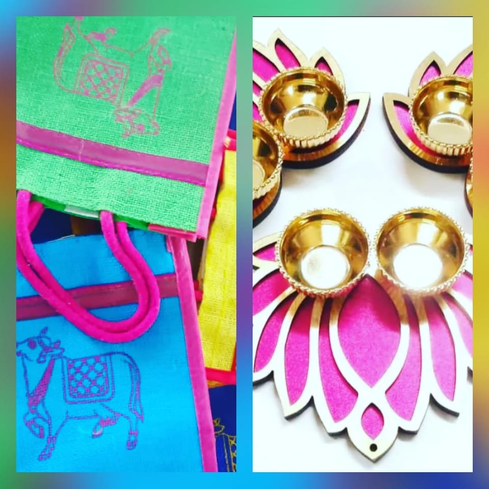 Pichwai-Themed Jute Bag (8" × 8" × 4") + Acrylic Lotus Haldi Kumkum Combo (4")