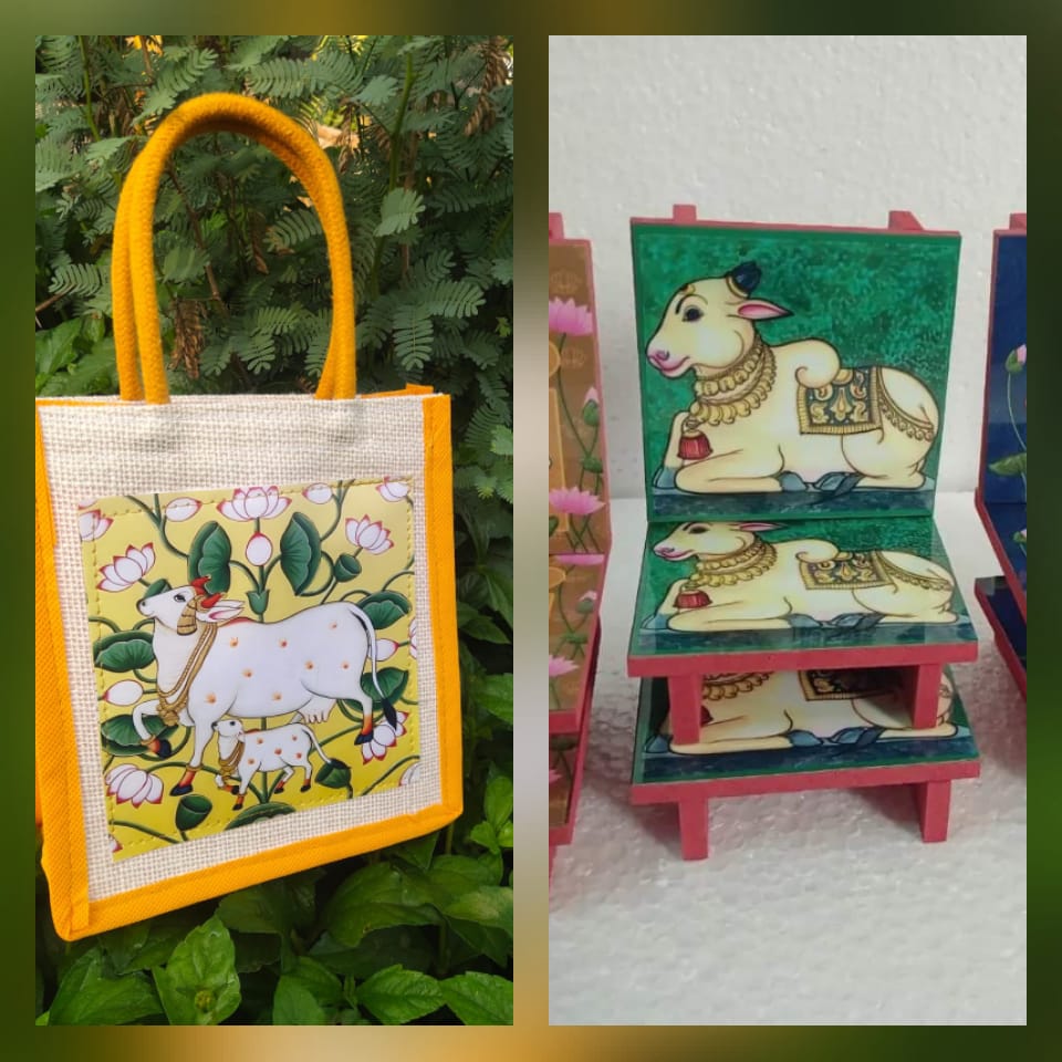 Housewarming/Pooja Combo – Jute Bag (8" × 8" × 4") + 4" Diya Stand with Wooden Legs