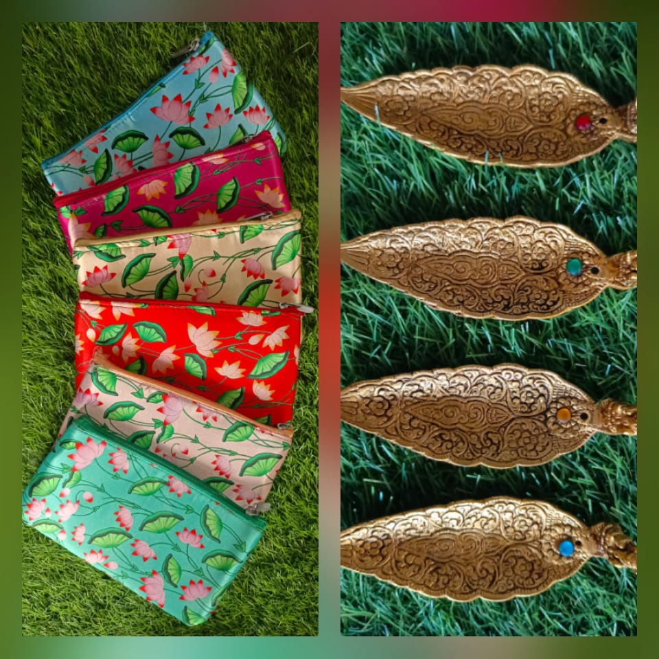 Lotus Printed Purse + 5" Metal Agarbatti Stand Combo