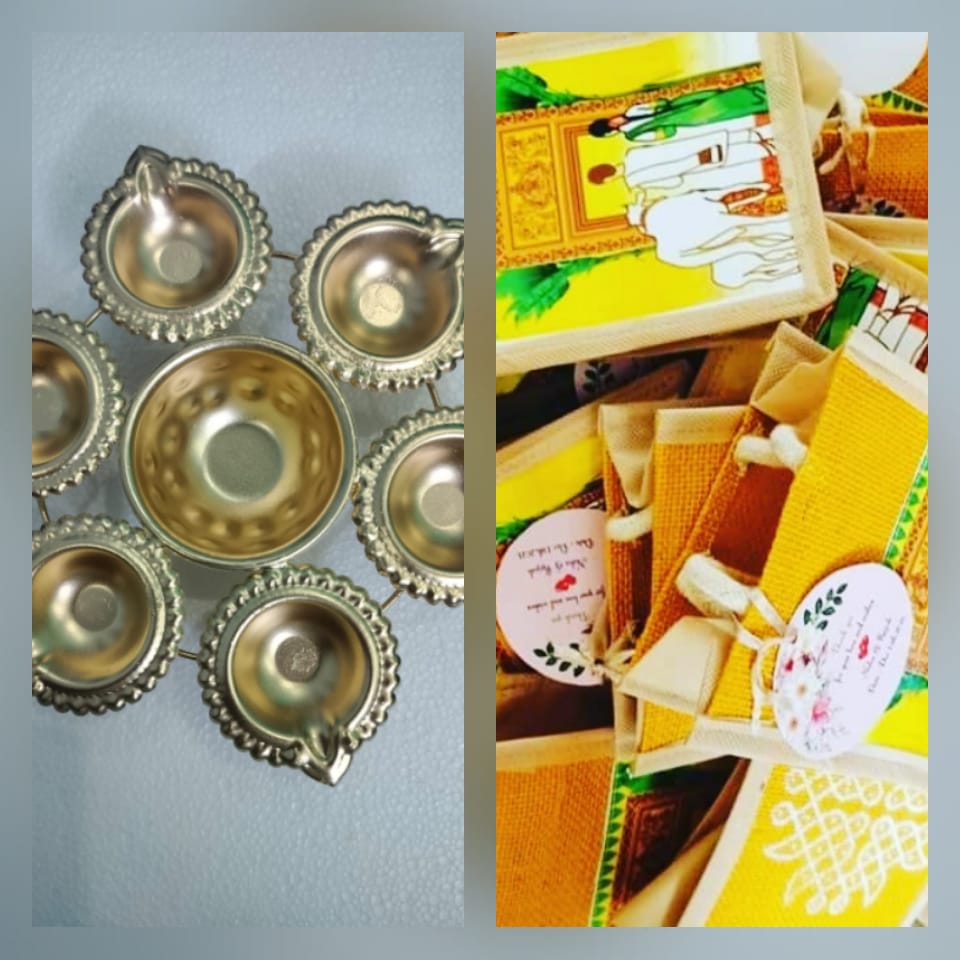 Jute Bag (8" × 8" × 4") + 7" Urli Diya Combo