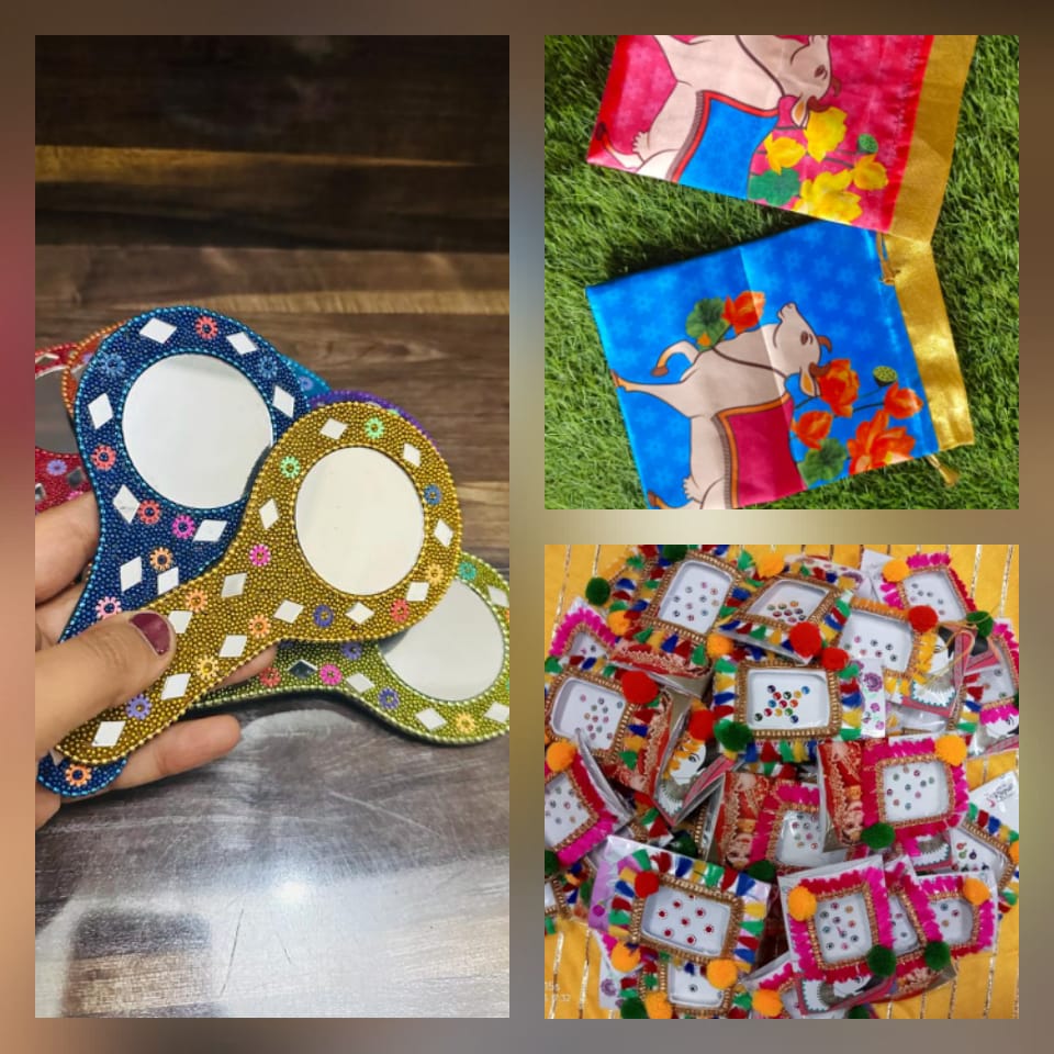 Silk Pichwai Potli (8" × 10") + Lac Mirror + Bindi Packet Combo
