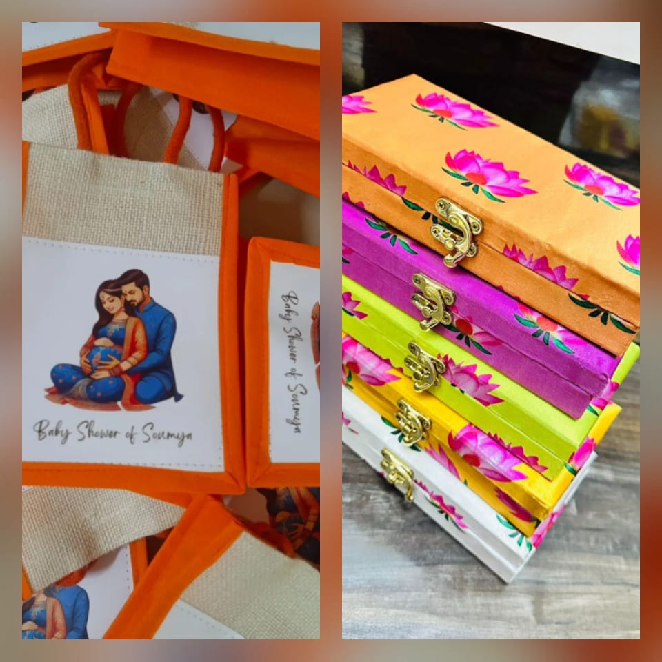 Title: Baby Shower Combo – Jute Bag (8" × 8" × 4") + Lotus Jewelry/Cash Box (8" × 4")