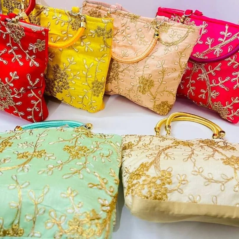 Silk Floral Embroidery Zip Bags with Silk Handle – 9" × 7"