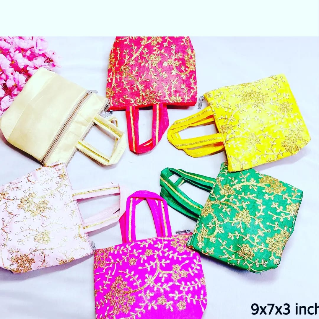 Silk Embroidery Zip Bags with Golden Floral Accents – 9" × 7"