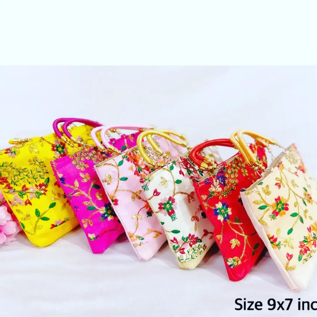 Silk Floral Colorful Embroidery Zip Bags with Silk Handle – 9" × 7"