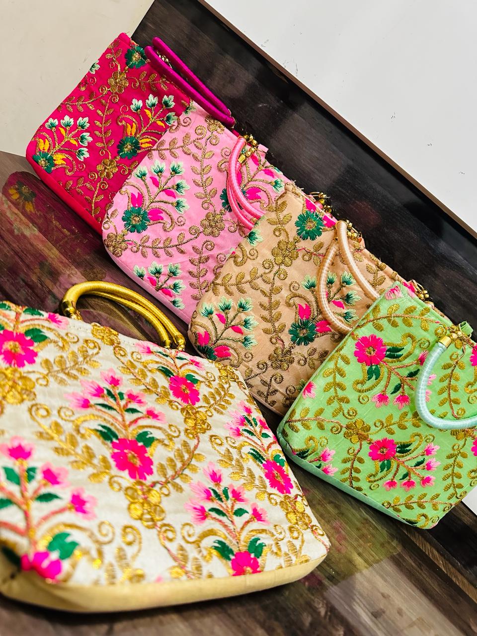 Colorful Silk Floral Embroidery Zip Bags with Silk Handle – 9" × 7"