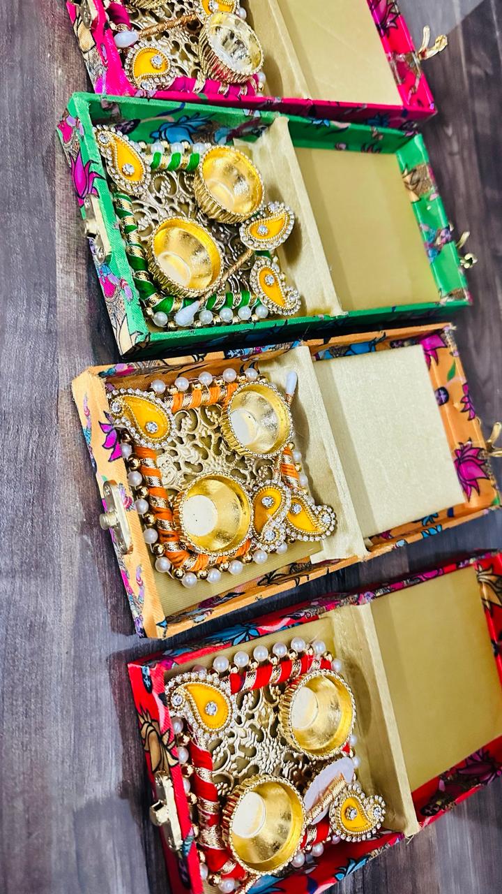 Silk Digital Printed Box (4" × 4") + Haldi Kumkum Platter (3") Combo