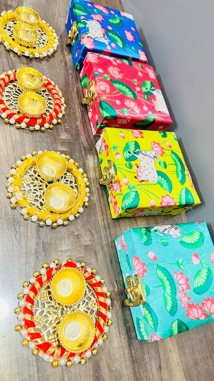 Silk Pichwai Printed Box (4" × 4") + Haldi Kumkum Platter (3") Combo