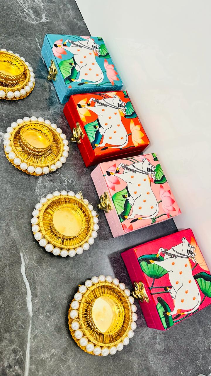 Silk Pichwai Printed Box (4" × 4") + 3" Tealight Diya Combo
