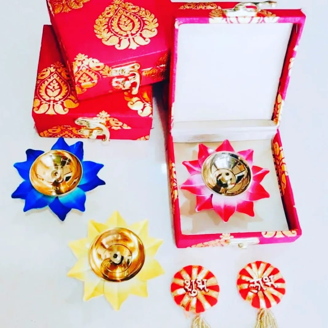 Silk Brocade Box (4" × 4") + Lotus Metal Diya (3") + Shubh Labh Hanging Combo