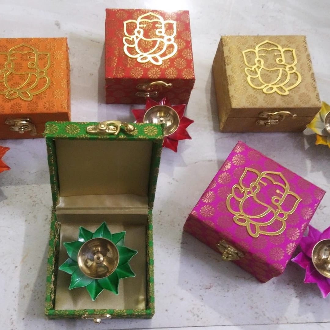 Silk Brocade Box with Ganesh Ji Motif (4" × 4") + Lotus Metal Diya (3") Combo