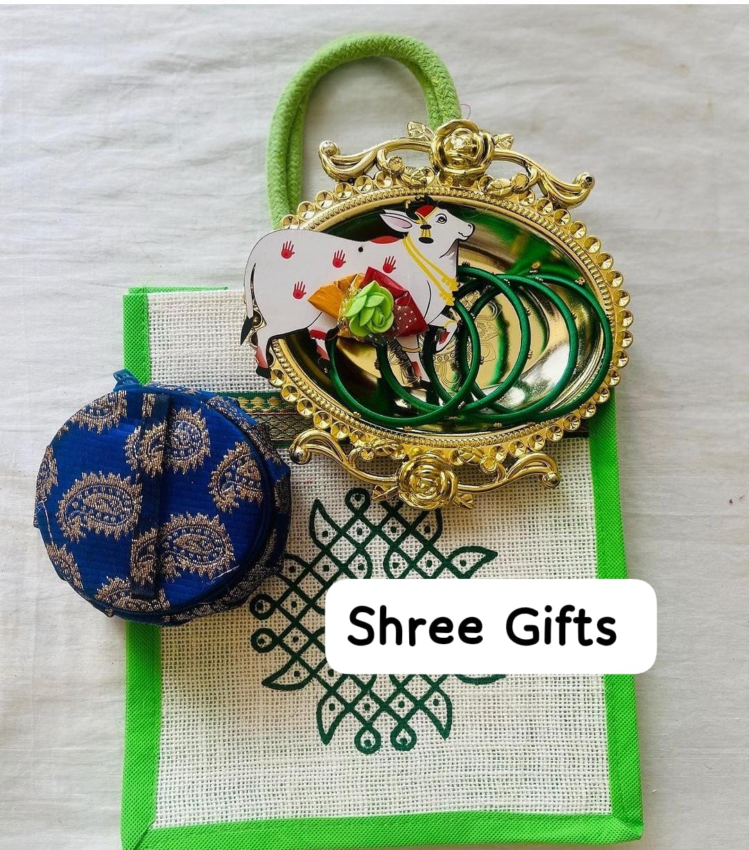 Rangoli Jute Bag Combo – Bangle Box + Fiber Tray + Pichwai Haldi Kumkum + 4 Bangles