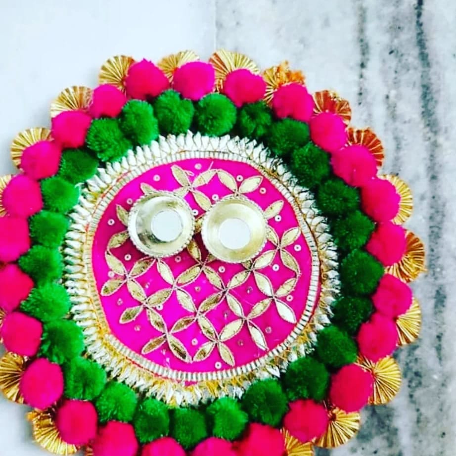 8" Decorative Haldi Kumkum Platter – Pom-Pom & Gold Leaf Embellishment