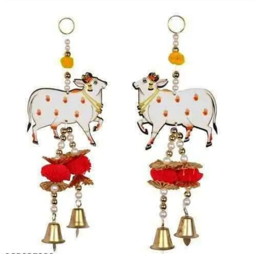 7" Pichwai Cow Wall Hangings – Handcrafted Ethnic Décor with Pom-Poms & Bells