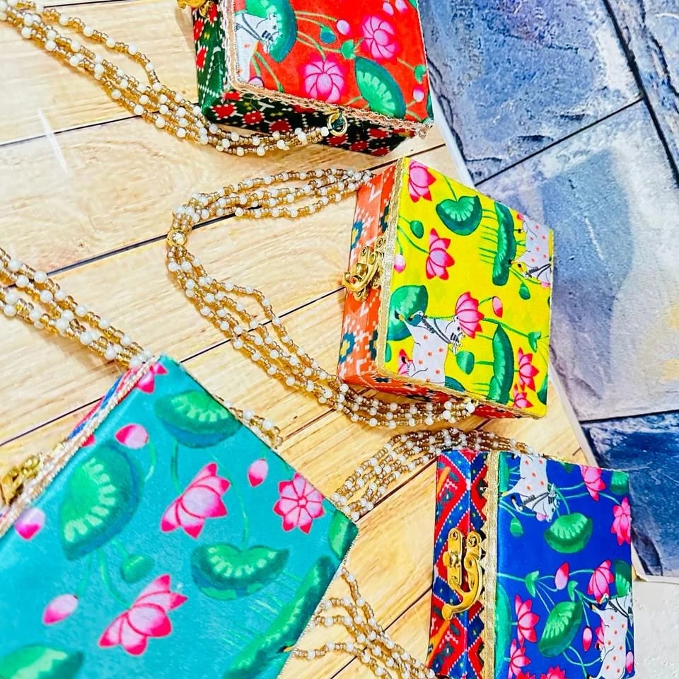 4" Silk Pichwai Printed Gift Boxes – Beaded Handle & Lotus Motifs