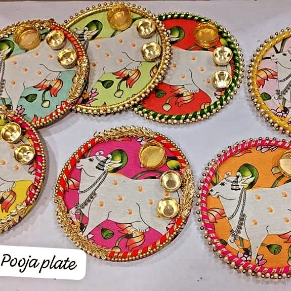 6" Pichwai Pooja Thali – Decorative Platter with Mini Bowls & Beaded Border