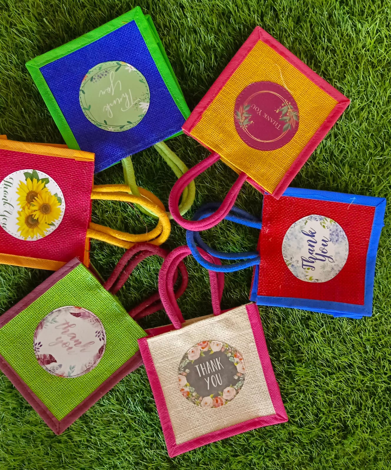 Mini Jute Bags with “Thank You” Message – 6" × 6"