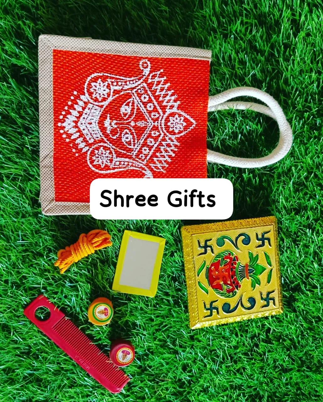 Durga Ma Jute Bag (6" × 6") + Meenakari Pooja Stand (3") + Sumangali Set Combo