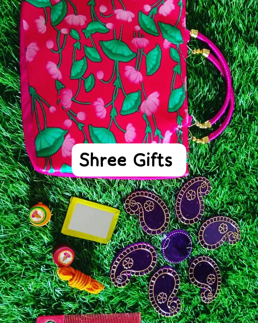 Silk Zip Bag (9" × 7") + Acrylic Rangoli (7") + Sumangali Set Combo