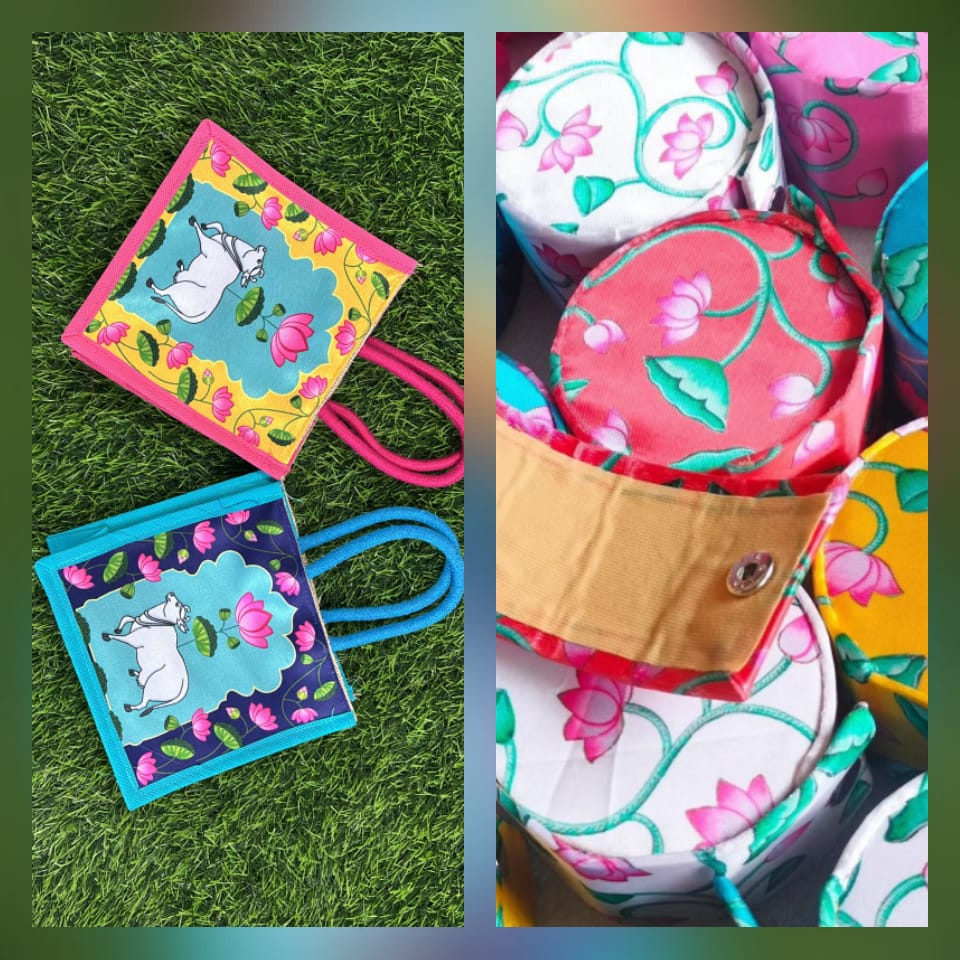 Pichwai Jute Bag (6" × 6") + Silk Bangle Box (2") Combo