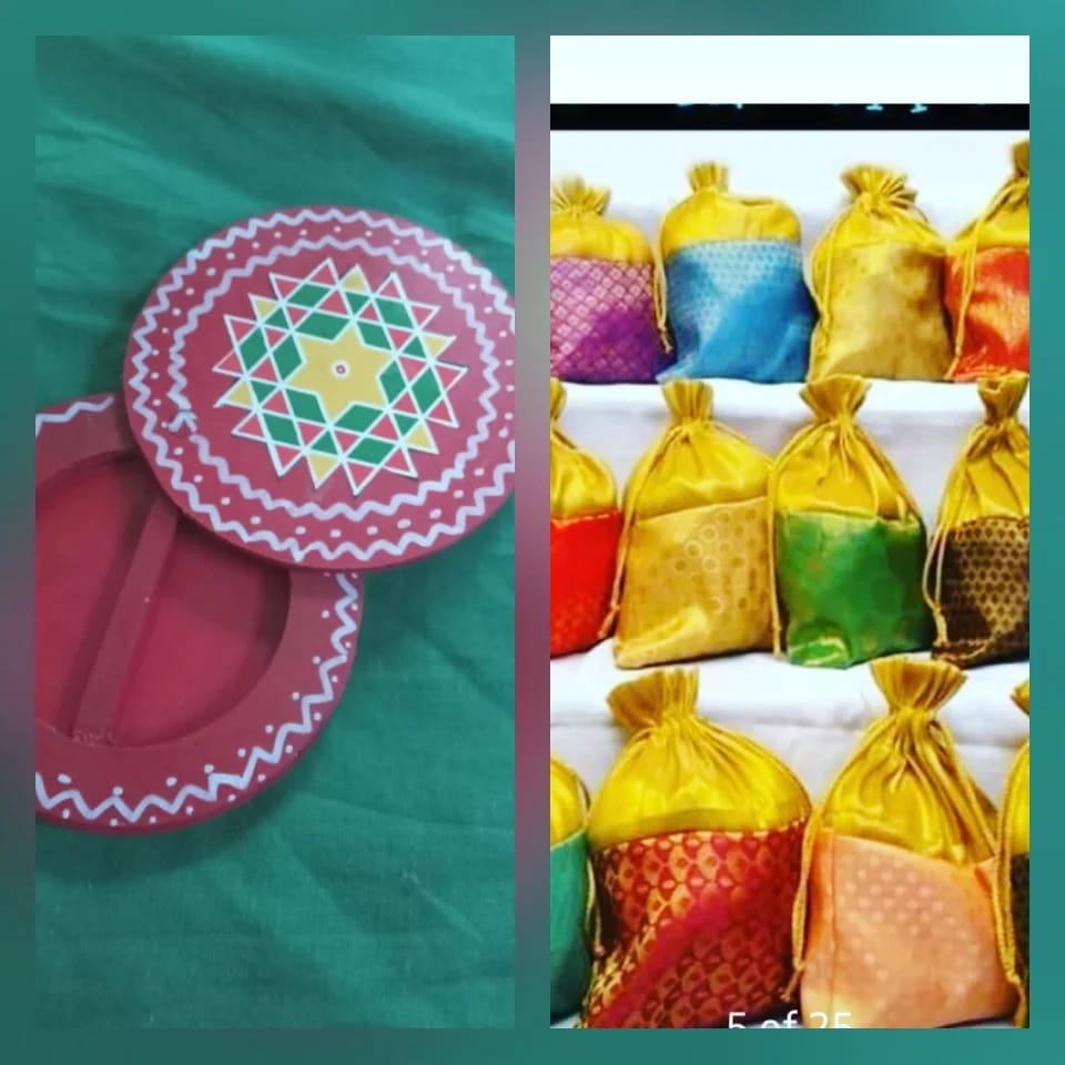 Silk Potli (8" × 10") + Wooden Haldi Kumkum Box (4") Combo