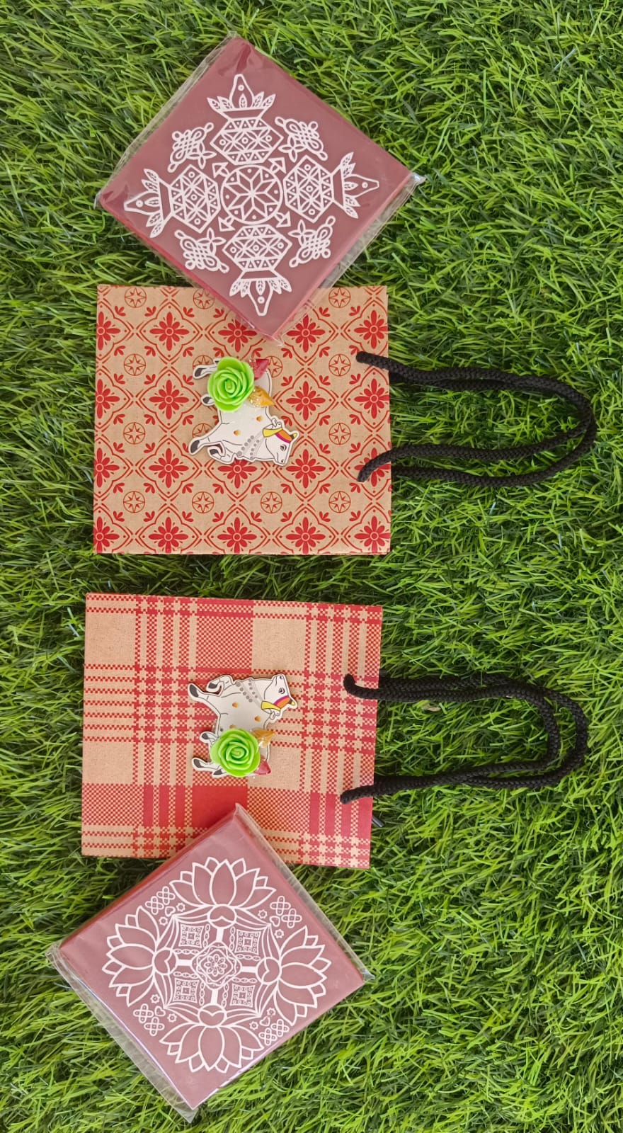 Rangoli Diya Stand (4") + Paper Bag (6" × 6") + Pichwai Haldi Kumkum Combo