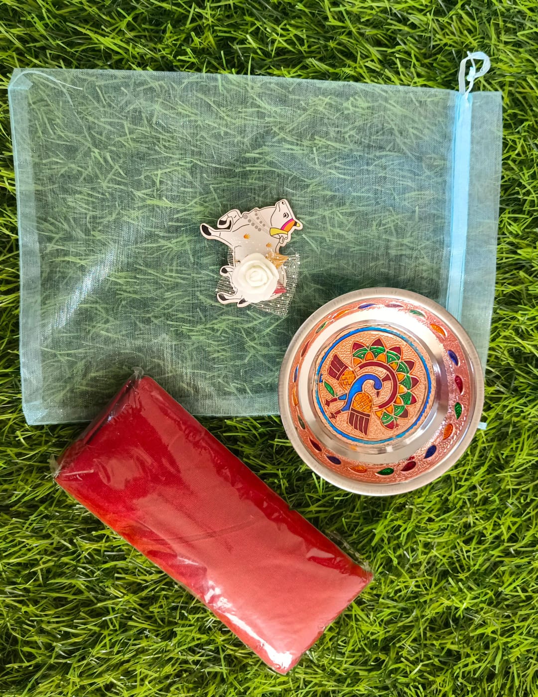 Meenakari Plate (4") + Silk Cotton Blouse Piece (1m) + Pichwai Haldi Kumkum in Tissue Potli Combo