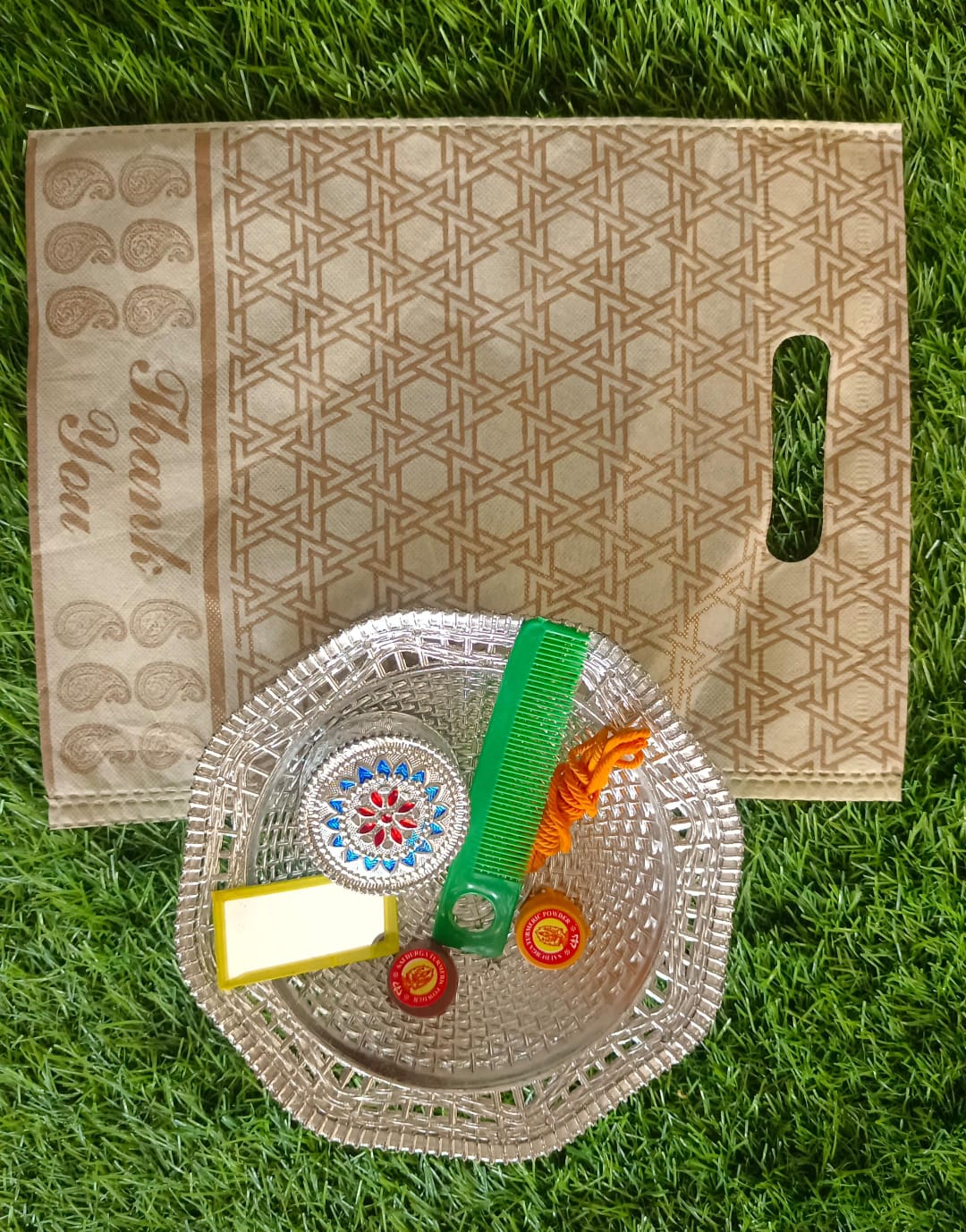 Thank You Non-Woven Bag Combo – Fiber Plate + Kumkum Box + Mirror + Comb + Thread