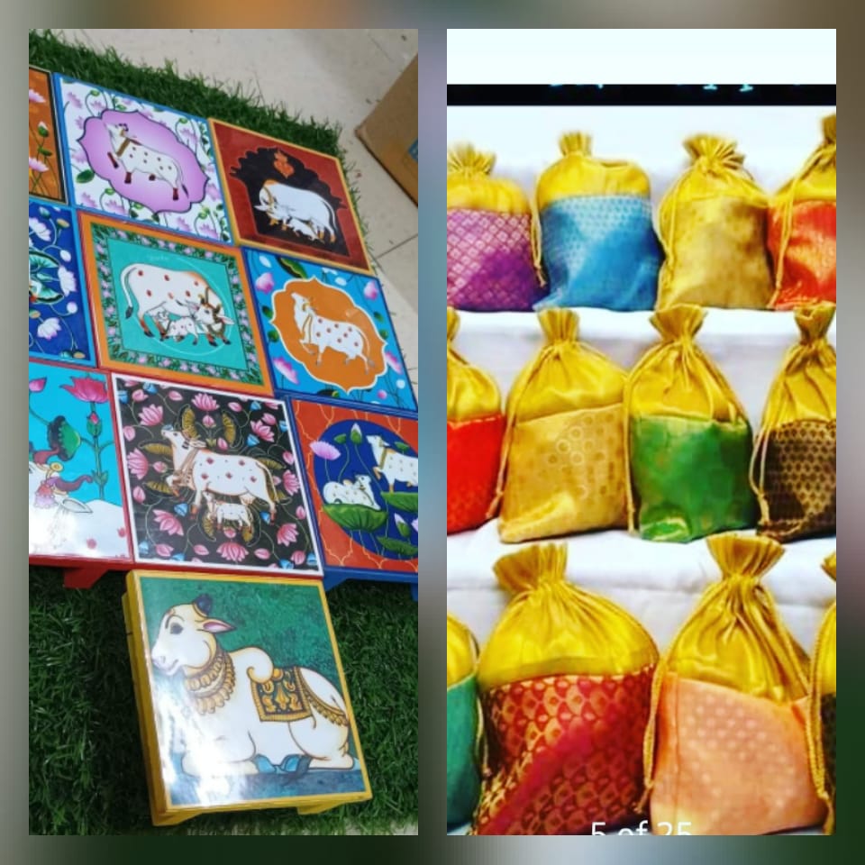 Silk Potli (8" × 10") + Pichwai Pooja Stand (4") Combo