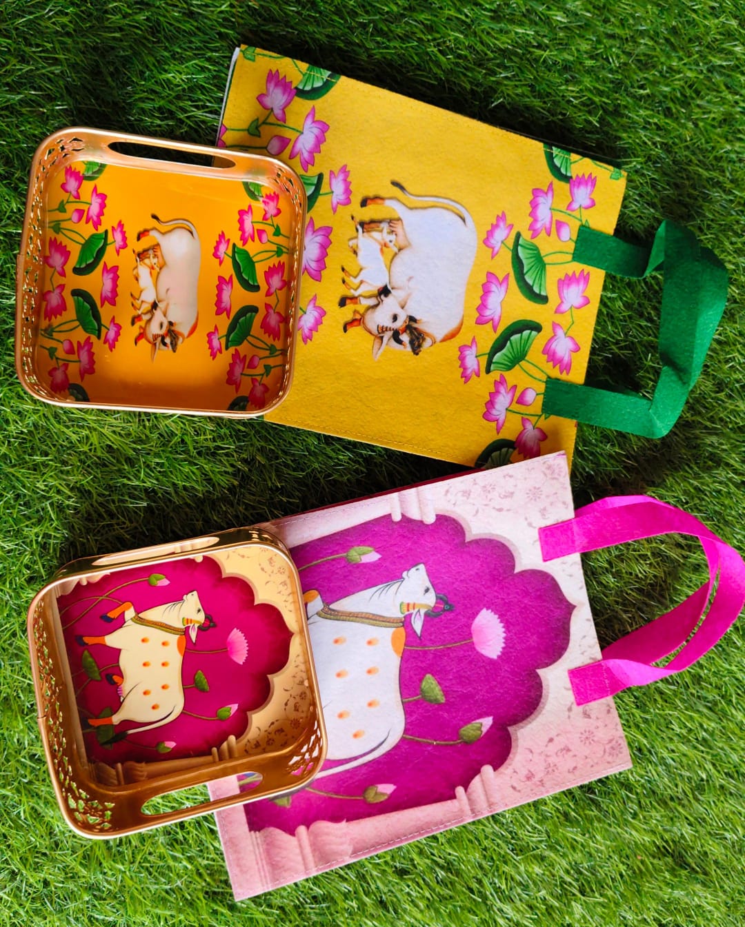 Title: White Metal Pichwai Tray with Matching Felt Bag (Assorted Colors)