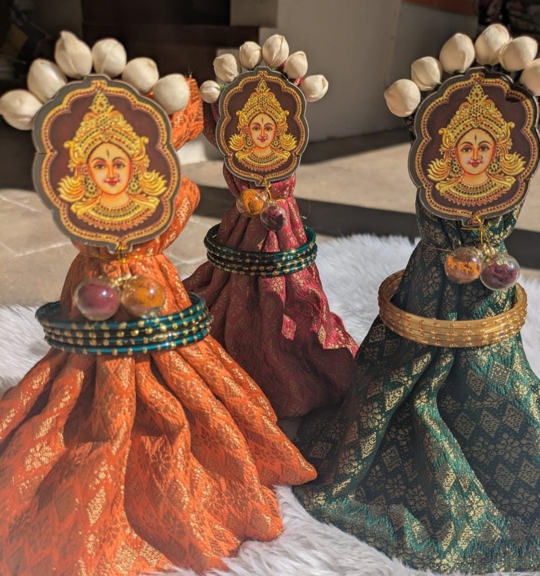 Silk Brocade Blouse + Glass Bangles + Decorated Goddess Amman Cutout with Haldi Kumkum Combo