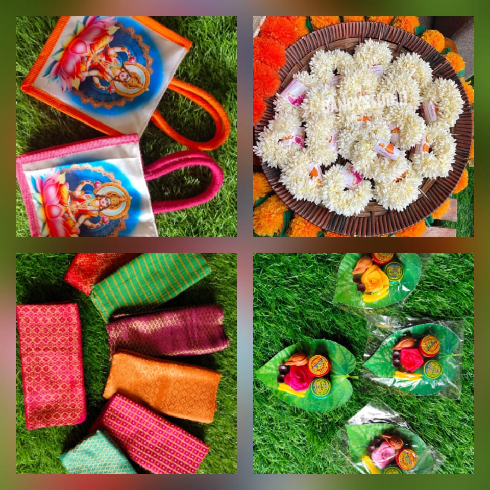 Navaratri Combo: Velcro-Closure Lakshmi Jute Bag (6 x 6 inches) + Scented Moghra Hair Bands + Silk Brocade Blouse Fit (1 mtr) + Fancy Haldi Kumkum