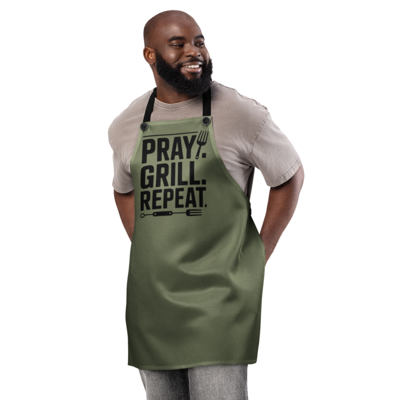 PRAY. GRILL. REPEAT. APRON (GREEN)