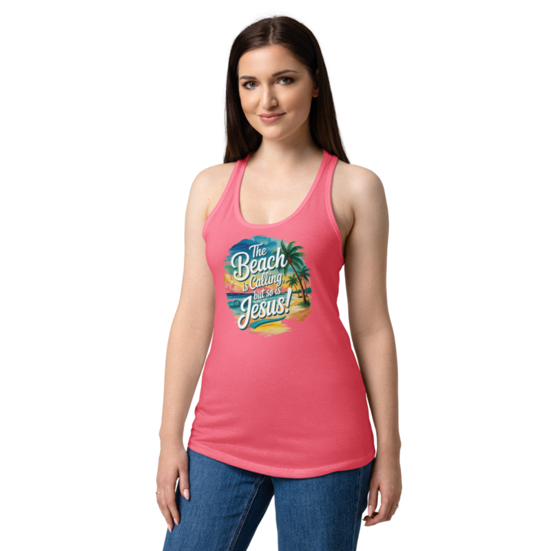 THE BEACH IS CALLING (ROUND) WOMEN'S FITTED RACERBACK TANK TOP