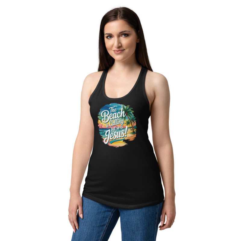 THE BEACH IS CALLING (ROUND) WOMEN'S FITTED RACERBACK TANK TOP