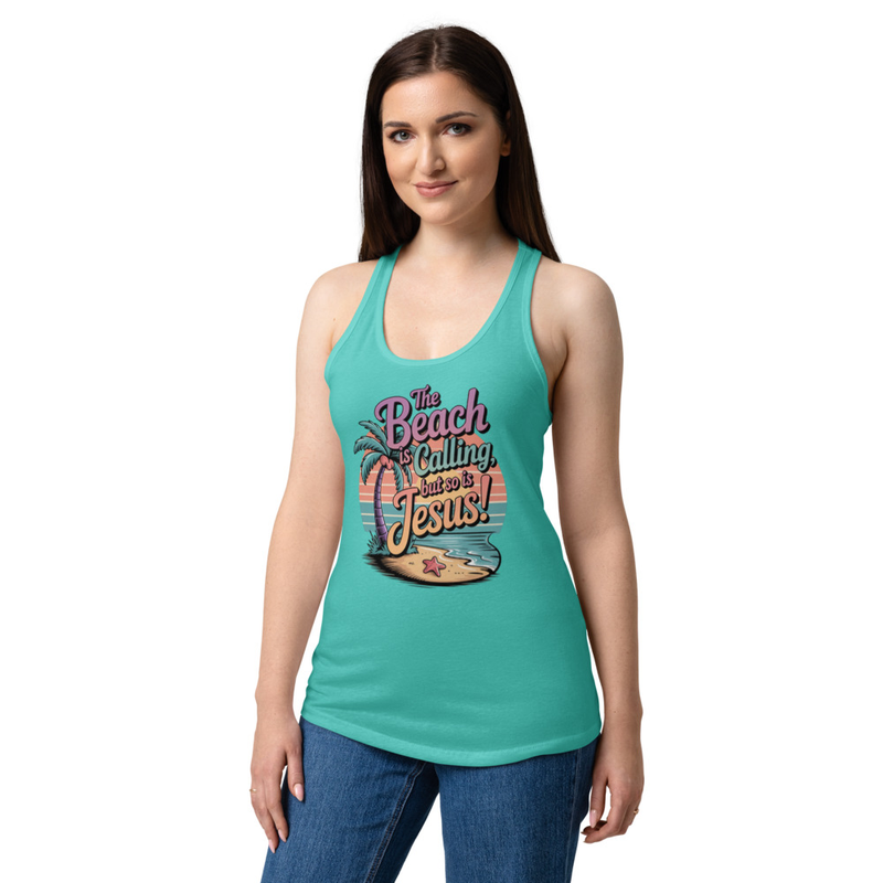THE BEACH IS CALLING WOMEN'S FITTED RACERBAQCK TANK TOP