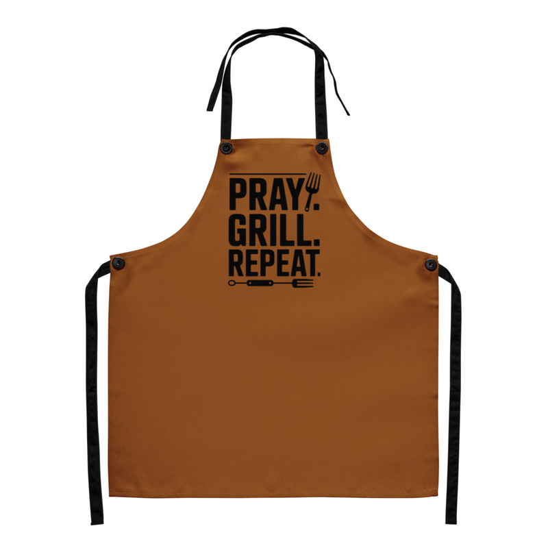 PRAY. GRILL. REPEAT. APRON (BROWN)
