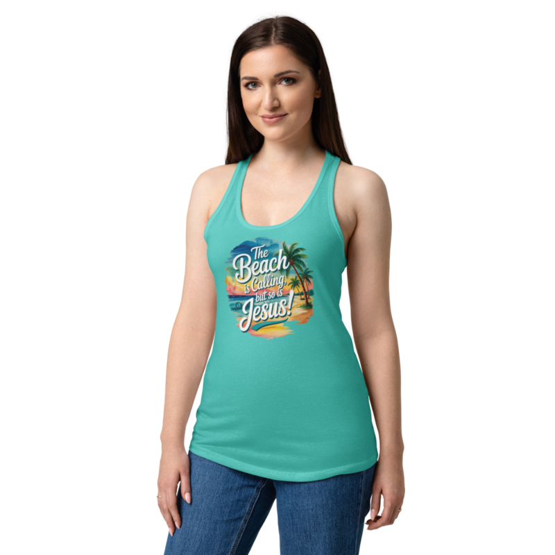 THE BEACH IS CALLING (ROUND) WOMEN'S FITTED RACERBACK TANK TOP