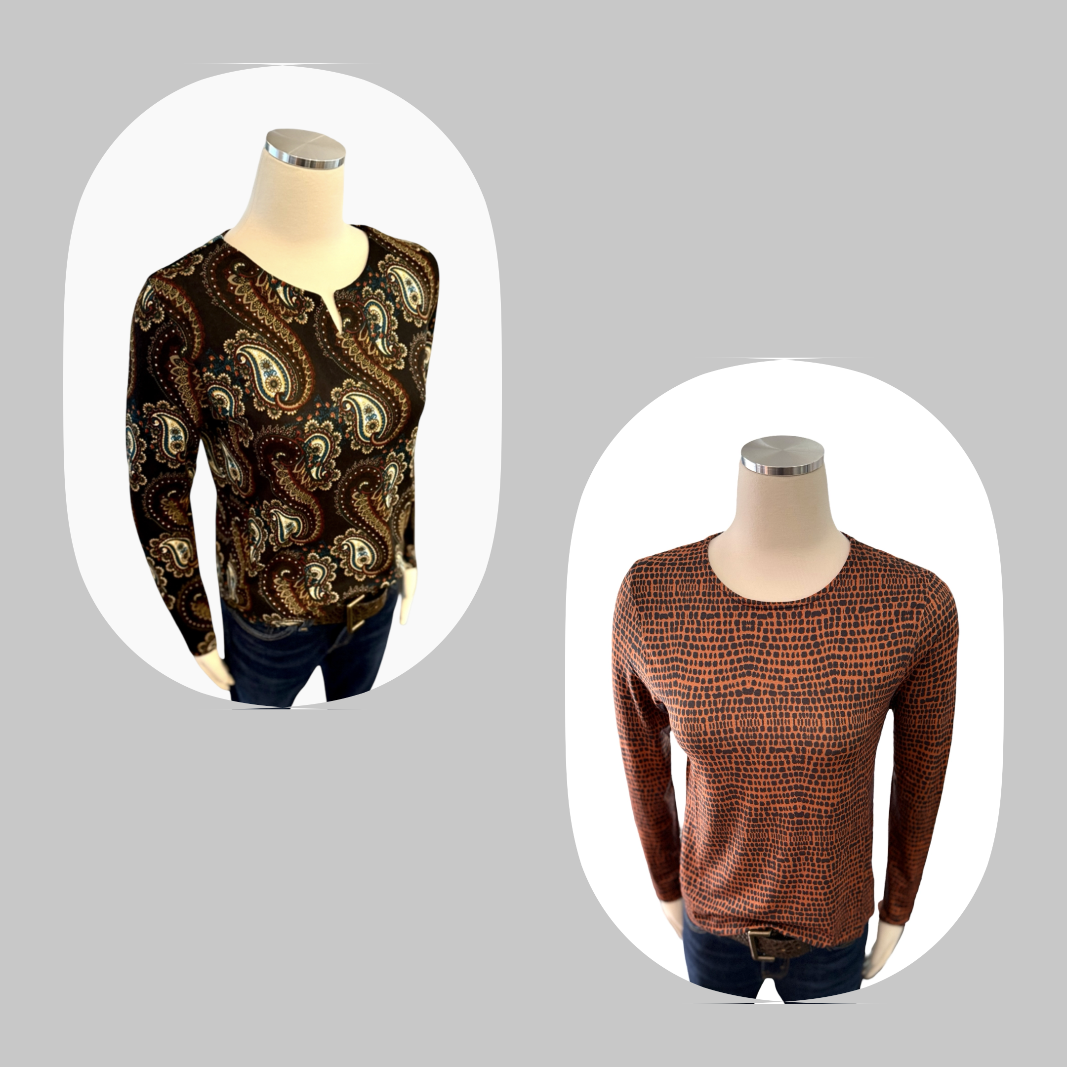 Printed Rust Dot + Black Paisley knit tops